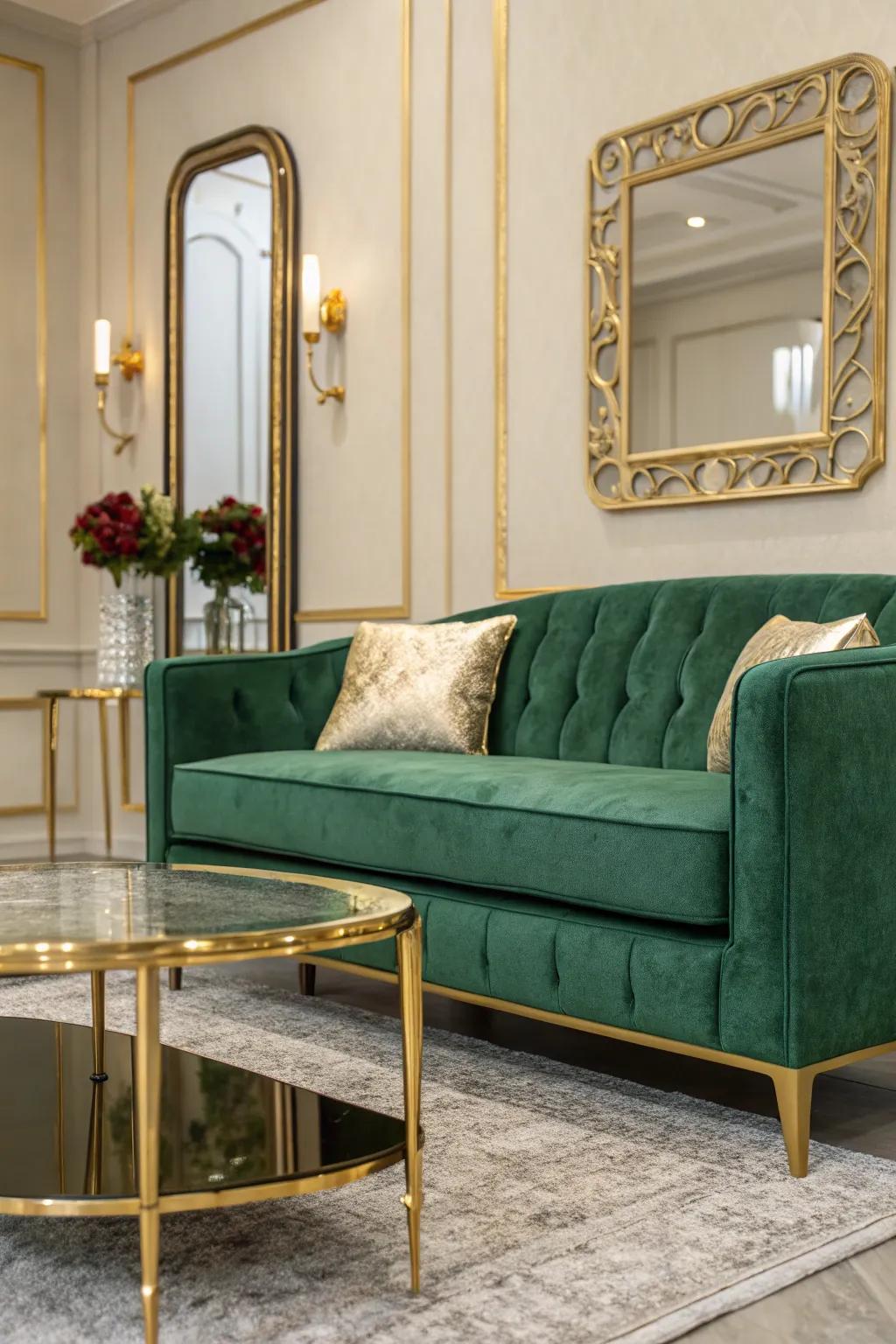 An opulent living space featuring a green velvet sofa and gold details.