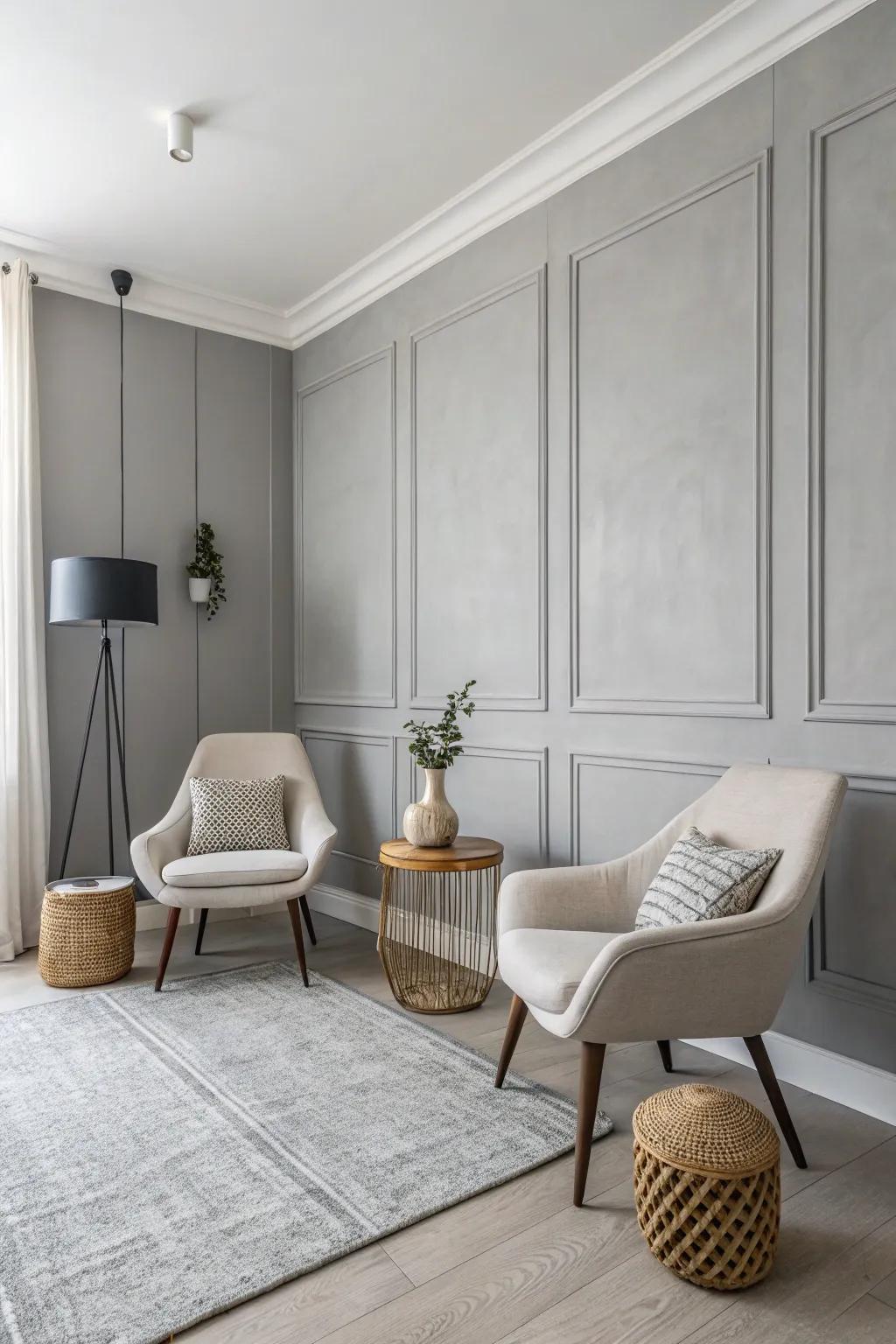 A minimalist room showcased with a crisp grey accent wall.