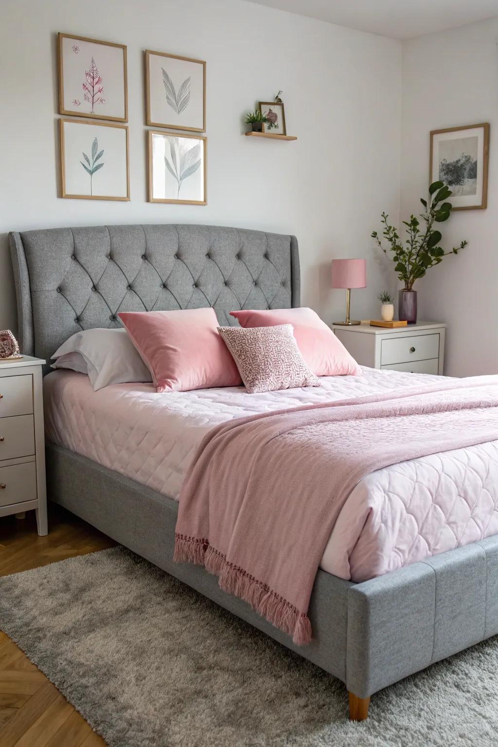 Grey furniture is a stylish foundation for pink accents.