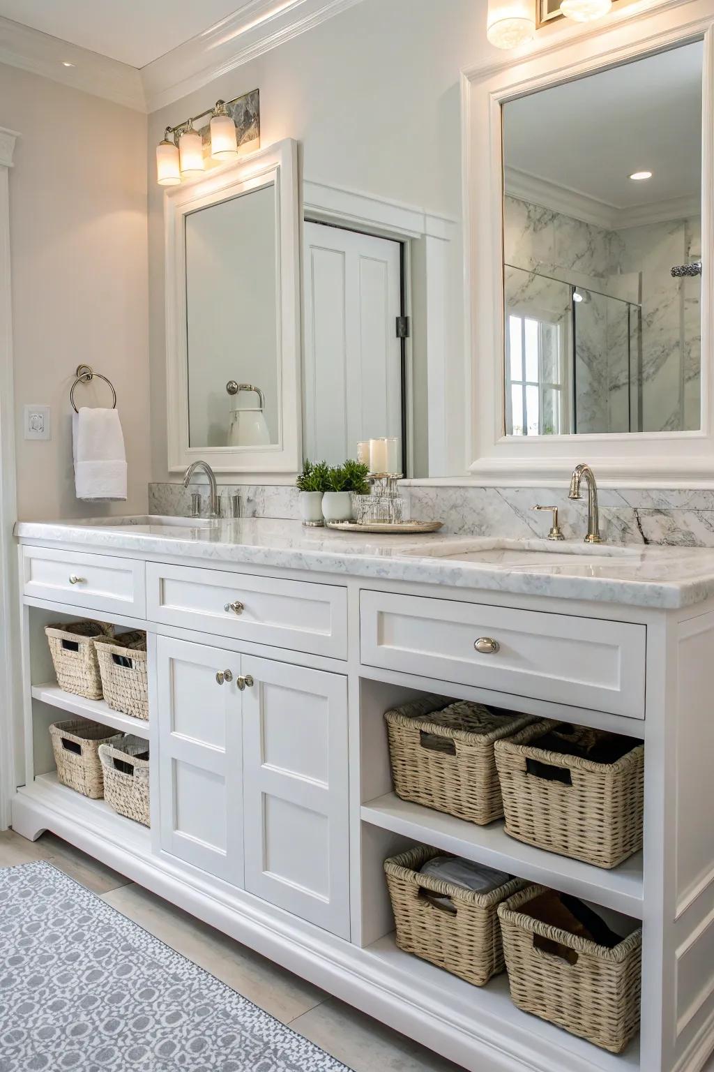 Bright sink consoles with stone tops elevate the bathroom's sense of luxury.