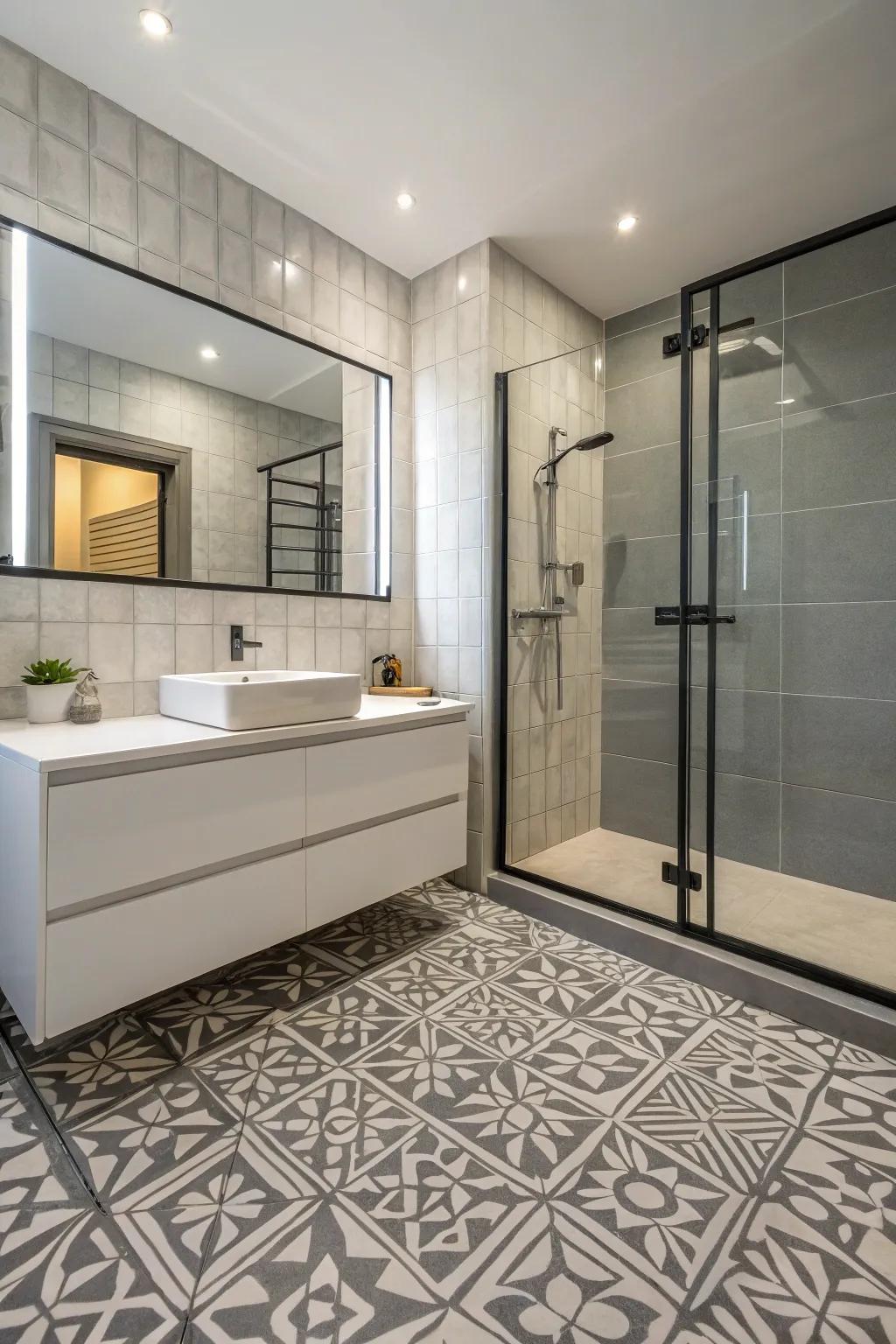 Textured tiles improve the visual attraction of a shale bathroom.