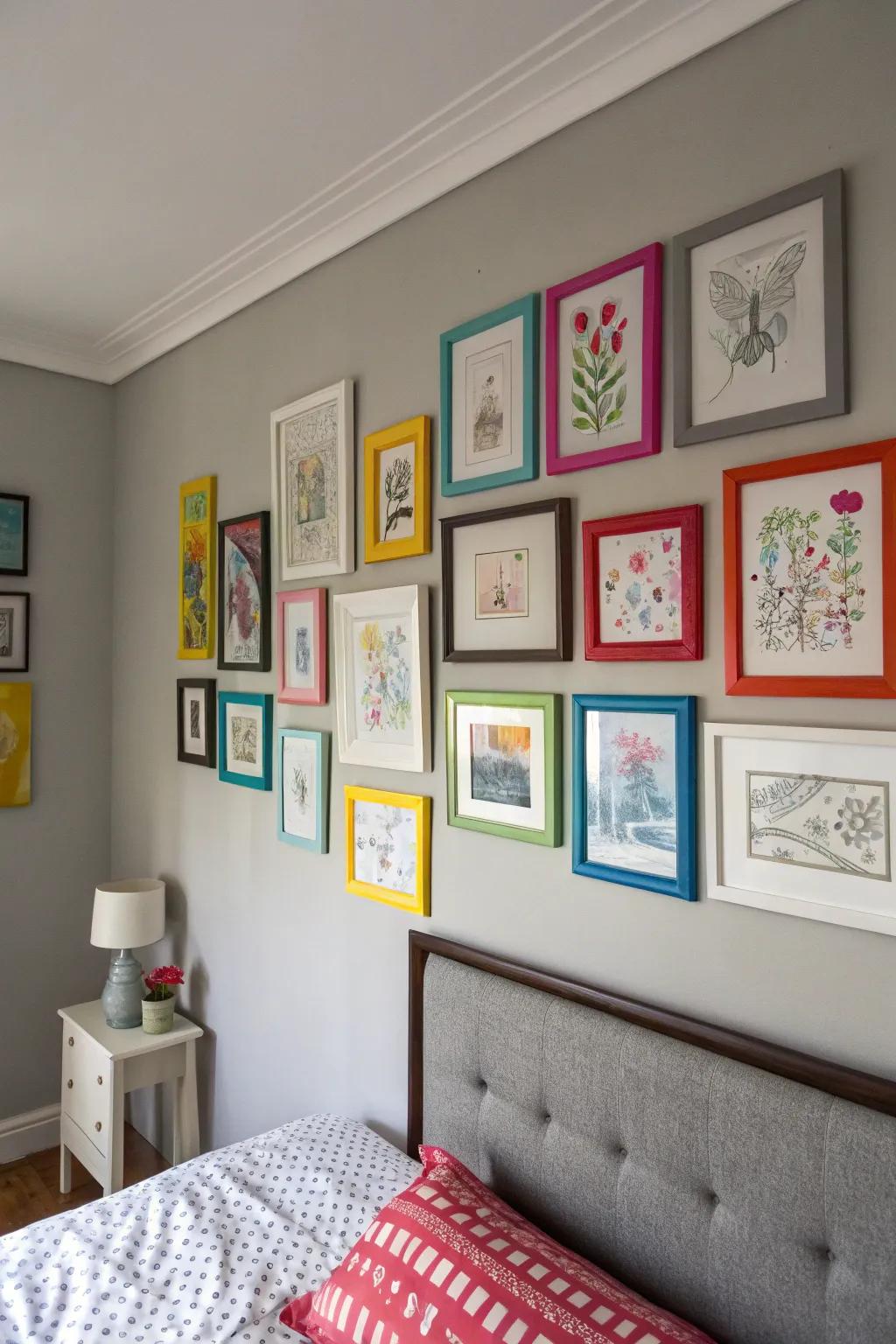 Grey walls ensure artwork stands out.