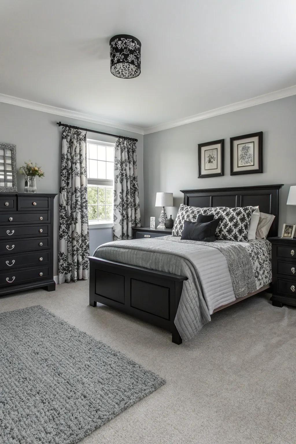 A monochrome scheme lends this bedroom with a grey carpet a modern, sophisticated touch.