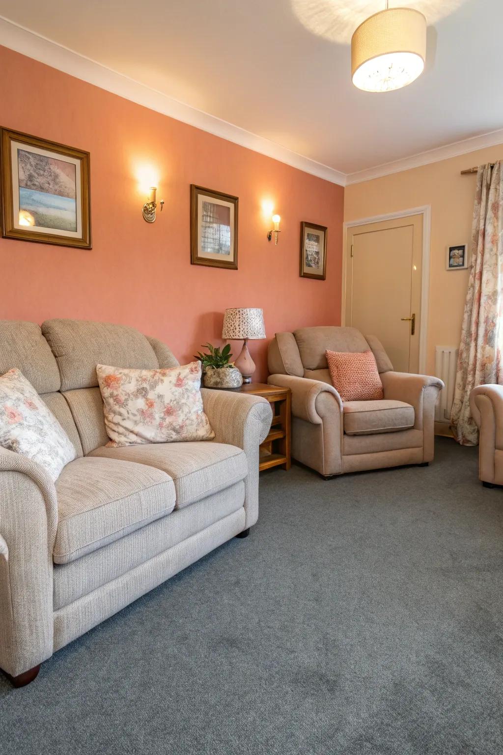 Peach walls imbue warmth and charm with grey carpets.