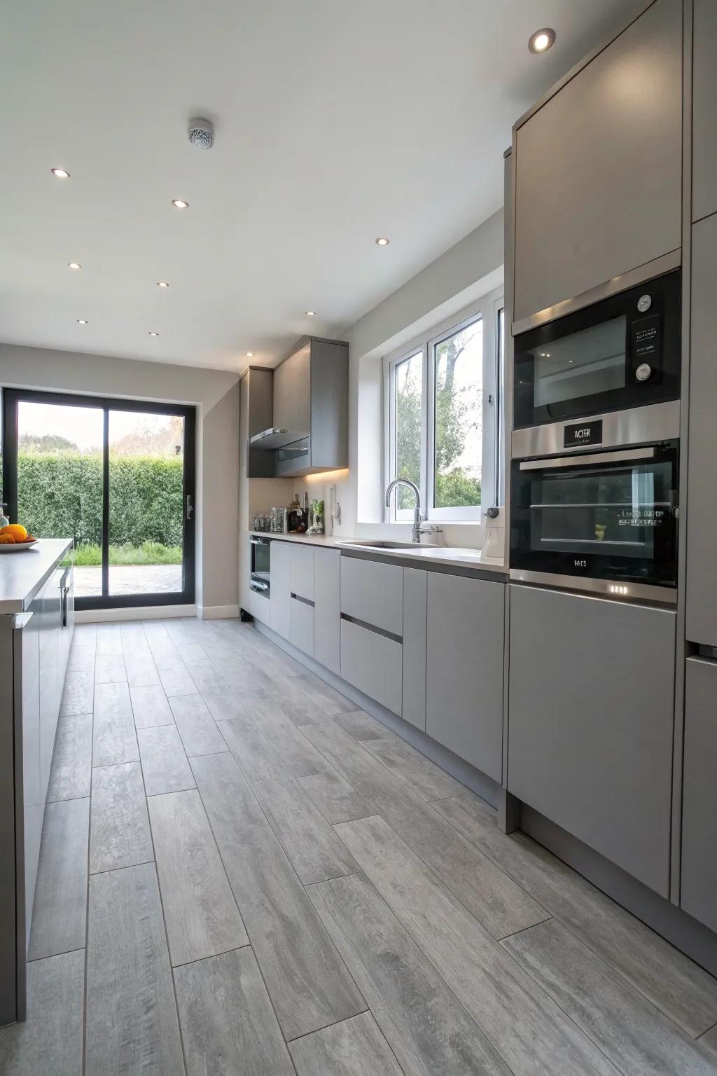 Grey vinyl flooring presents a mix of style and functionality in this contemporary kitchen.