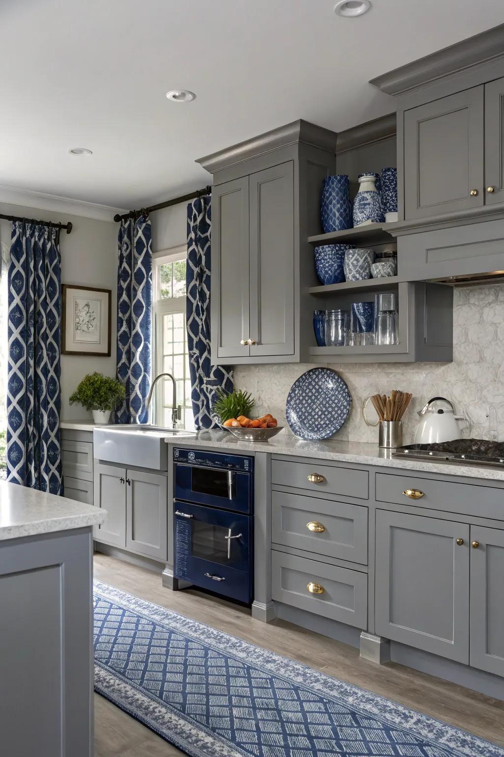 Striking color embellishments establish a remarkable contrast in a grey kitchen.