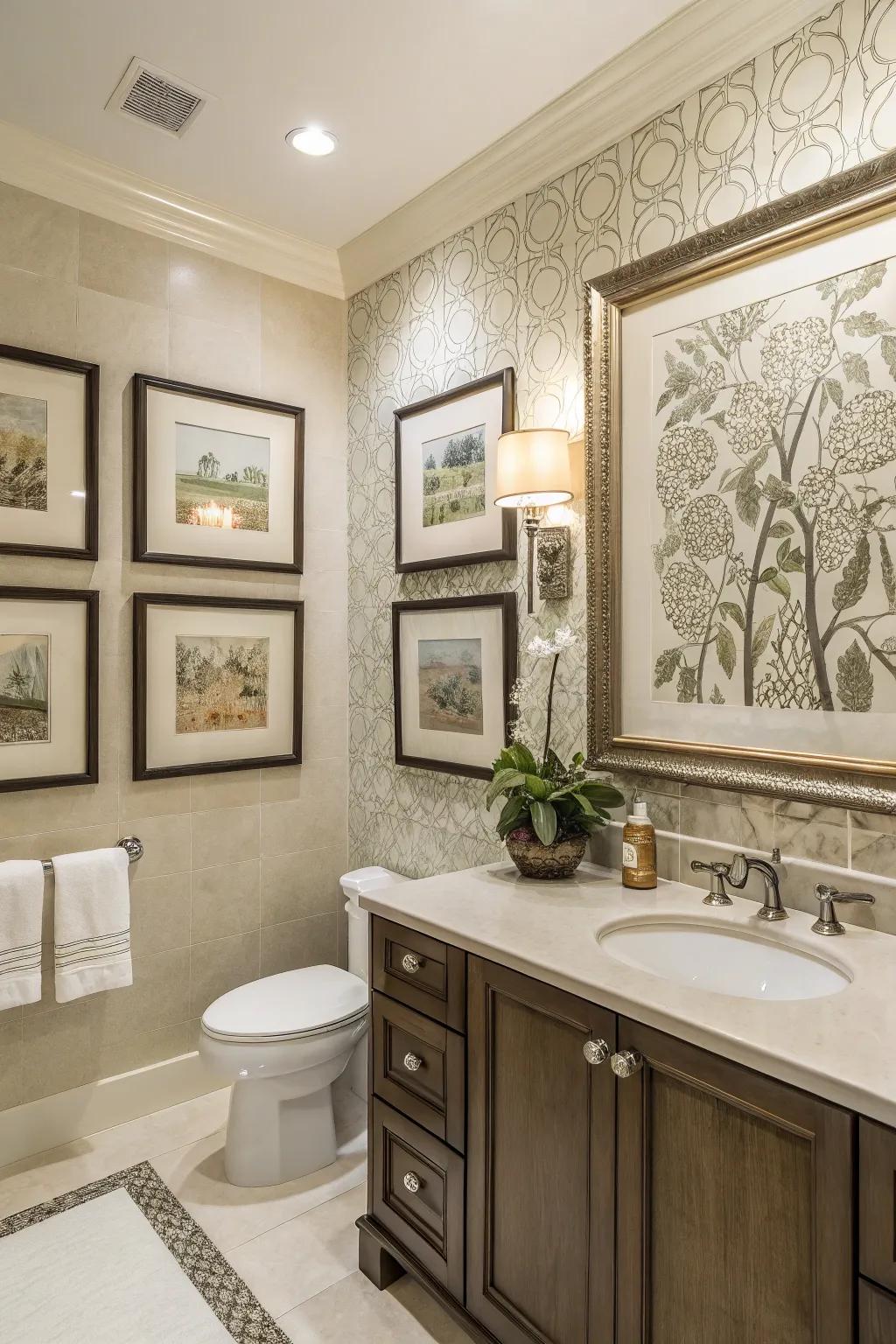 A guest bathroom decorated with elegant wall art, adding a personal touch.