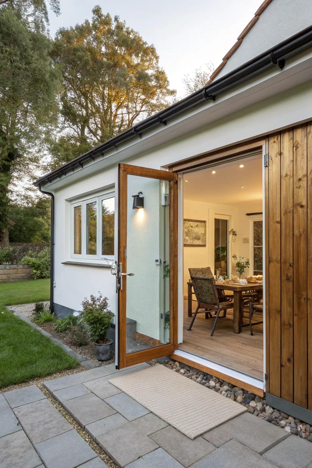 A guest house featuring sliding doors that seamlessly blend indoor and outdoor spaces.