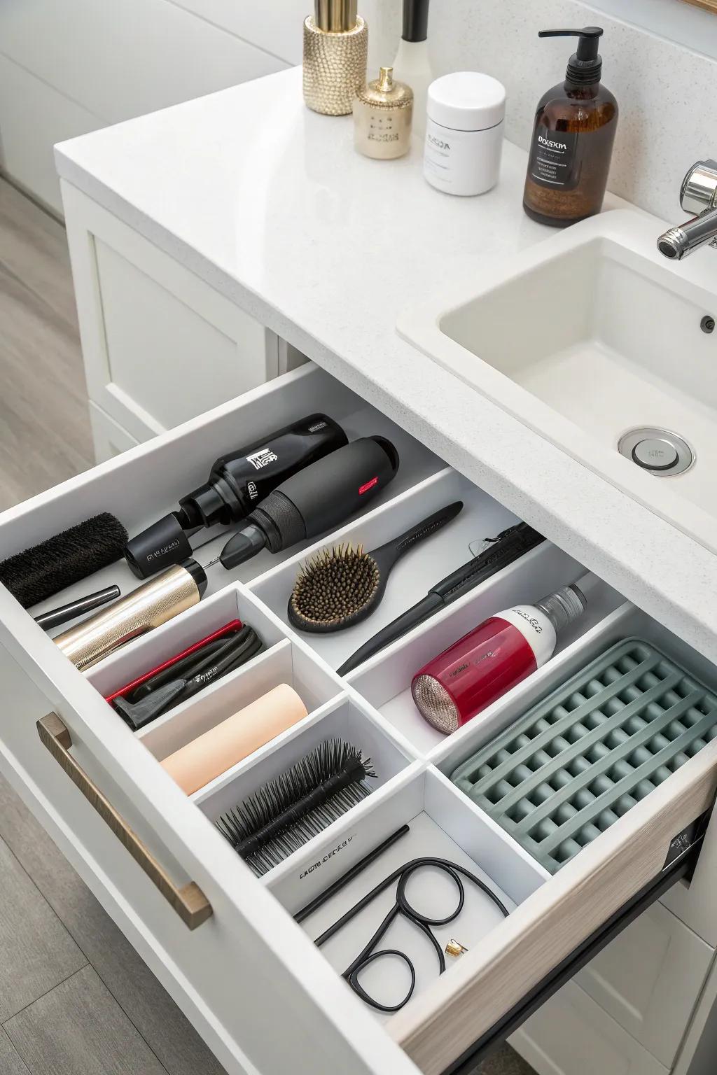 Well-organized drawer inserts for perfectly arranged hair necessities.