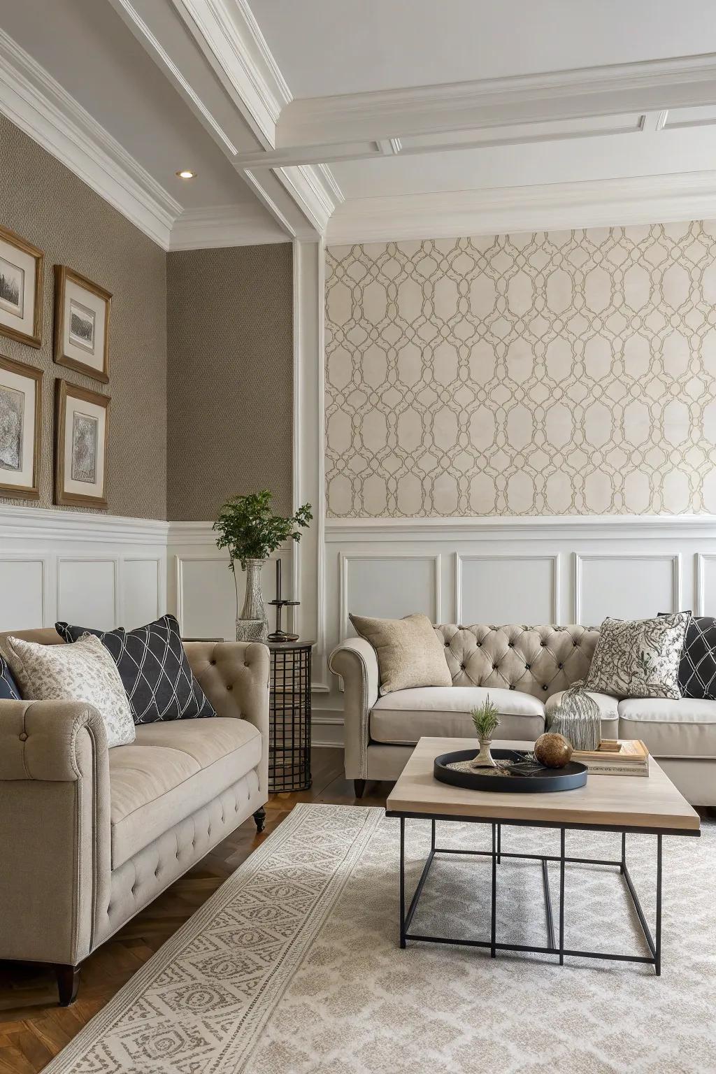 An elegant living space adorned with paneling and textured wallcovering, exuding enduring sophistication.