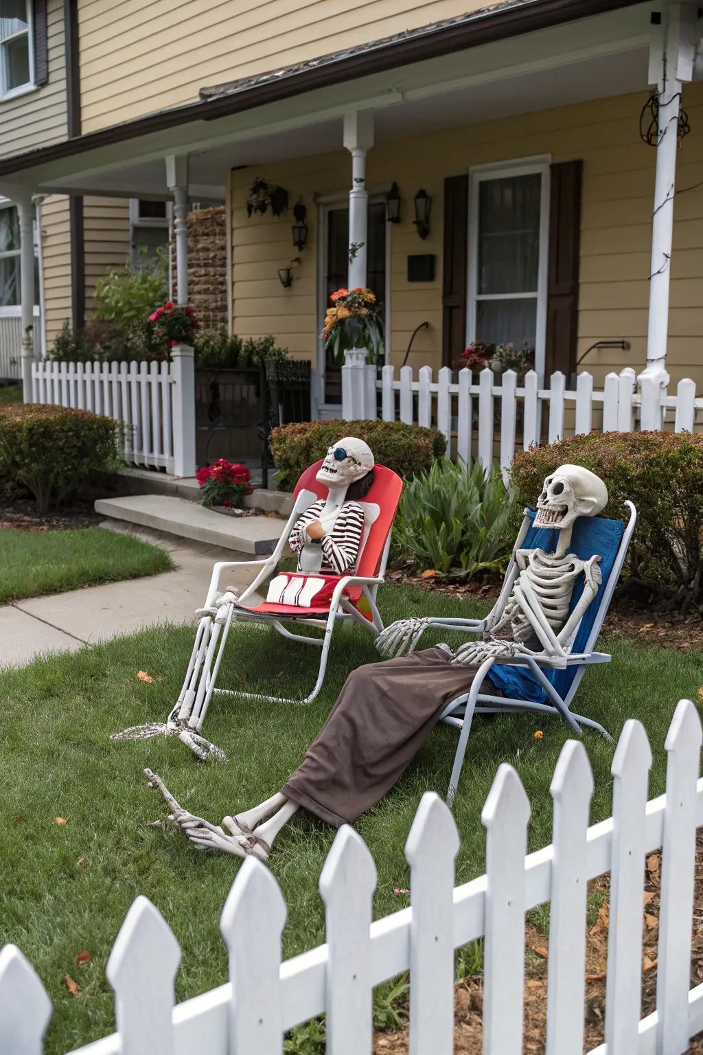 Comical bones enjoying a night out in the front yard.