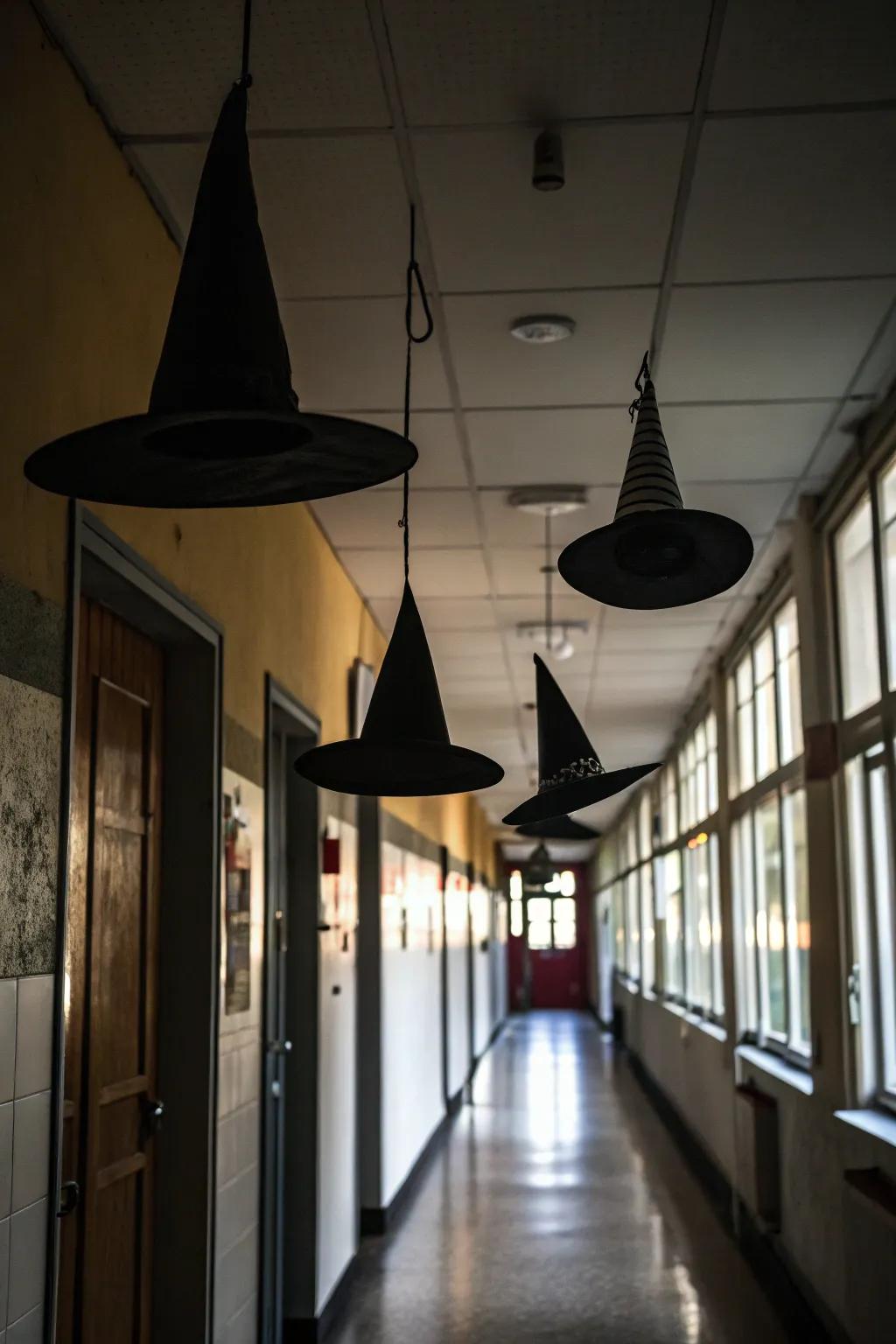 Floating witch hats add a supernatural touch.