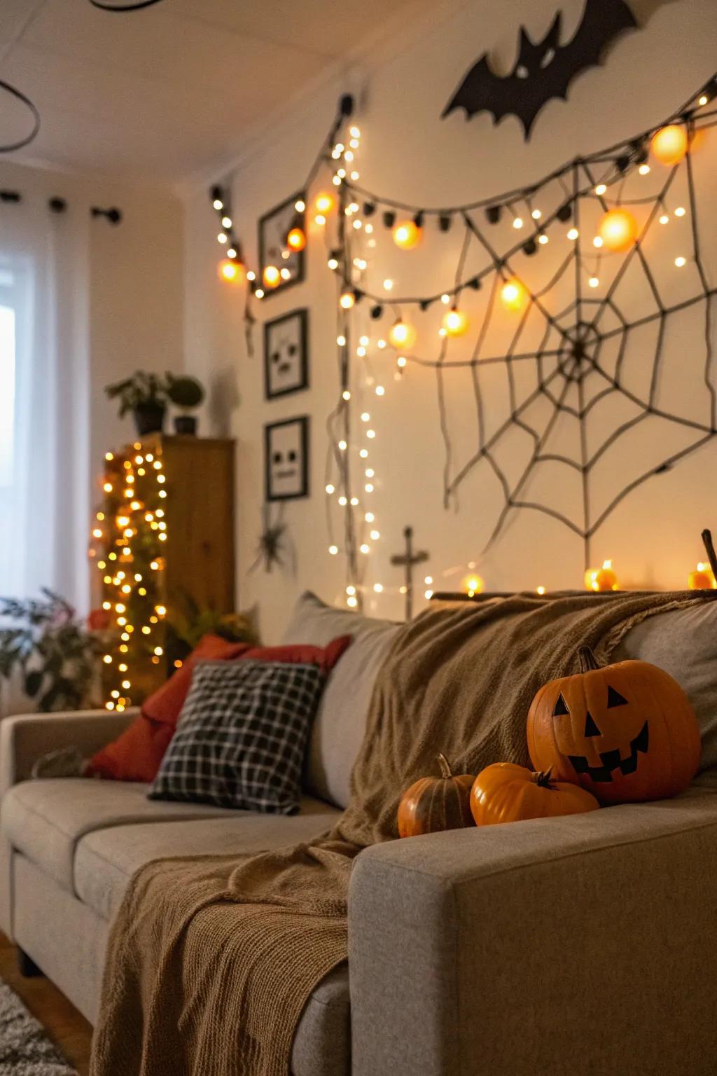 Fairy lights contribute a captivating touch to your Halloween arrangement.