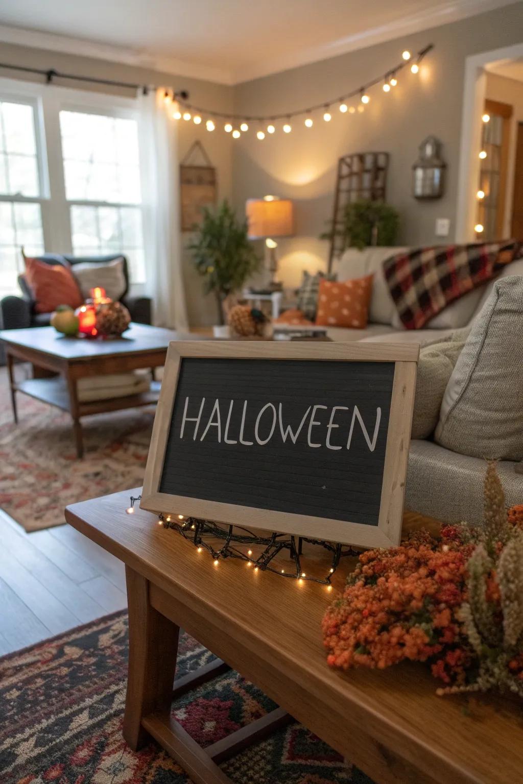 A versatile blackboard sign featuring a Halloween message.