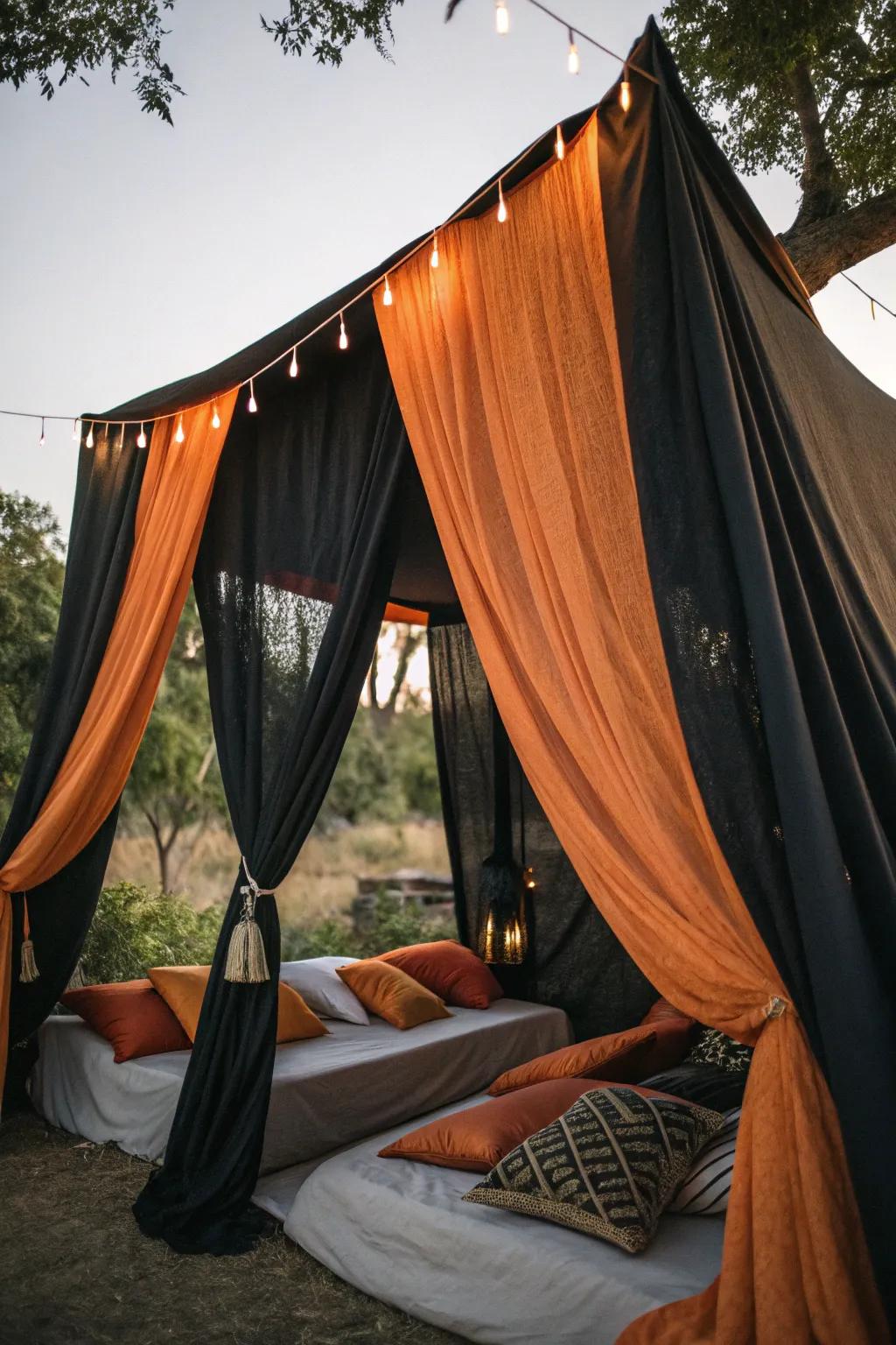 Enhance your tent's ambiance using vibrant textile hangings.