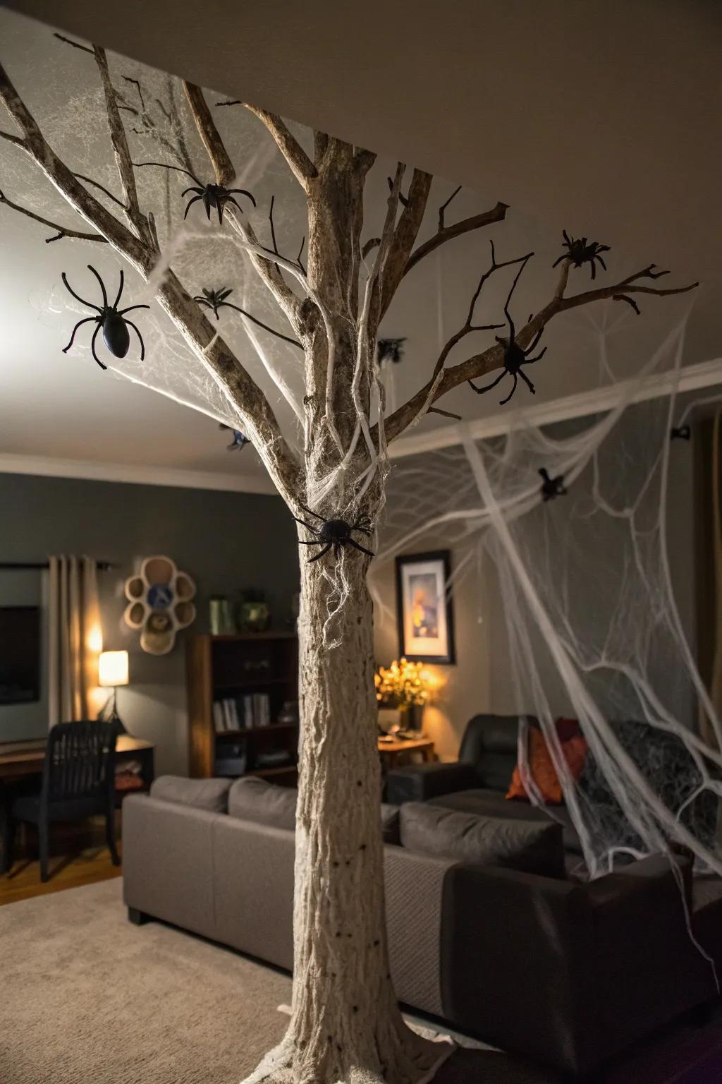 A Halloween tree showcasing an eerie cobweb motif.