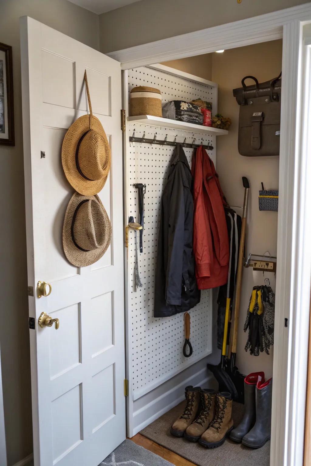 Pegboard set up inside a hallway closet door for hanging accessories.