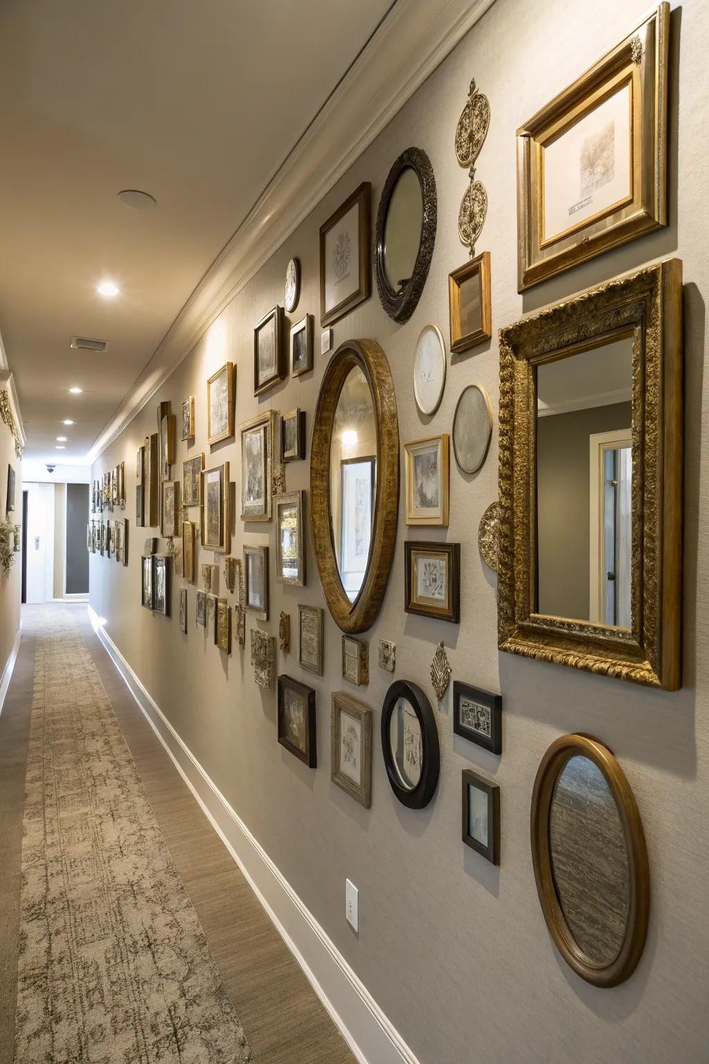 A mirror gallery wall adds dynamic visual interest.