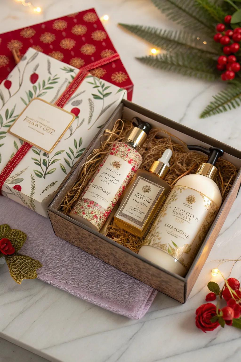 A lavish gift selection integrating liquid soap with complementary items