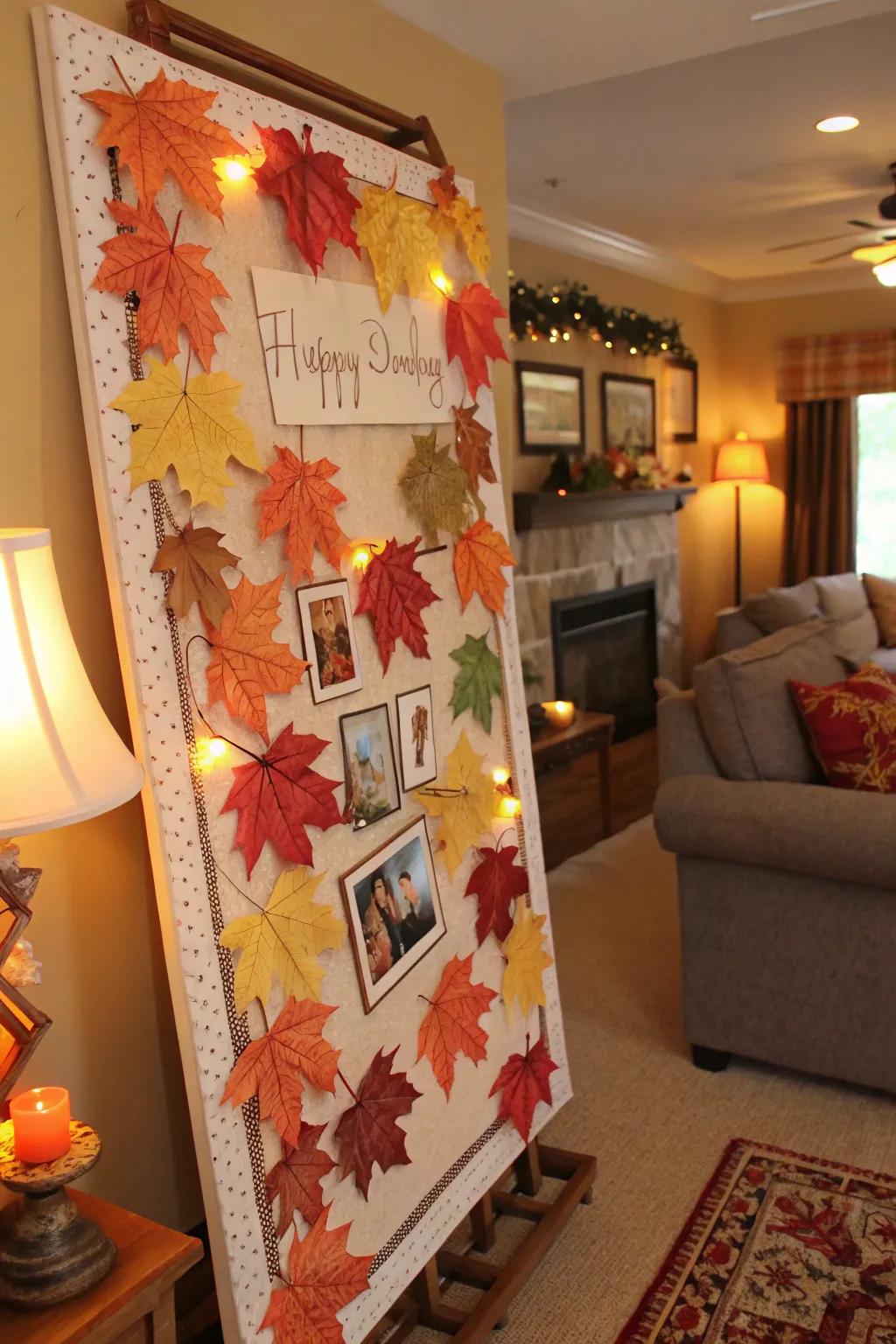 A seasonal birthday display celebrating autumn with radiant foliage.