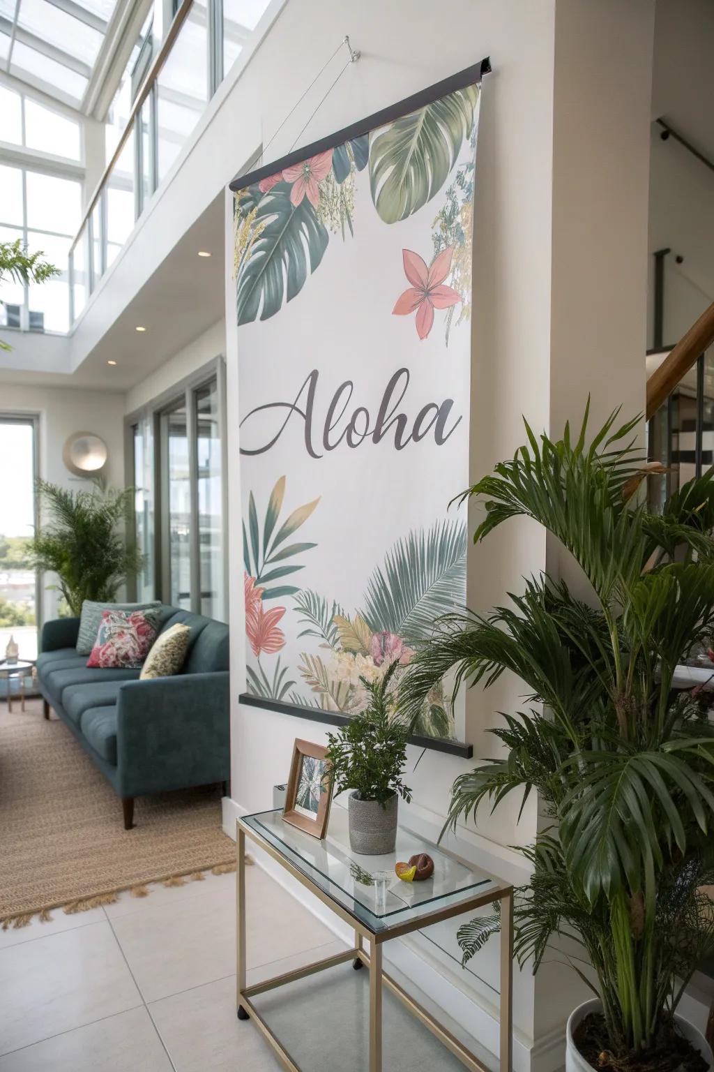 A poster of the word 'Aloha' that adds warmth to a stylish living room.