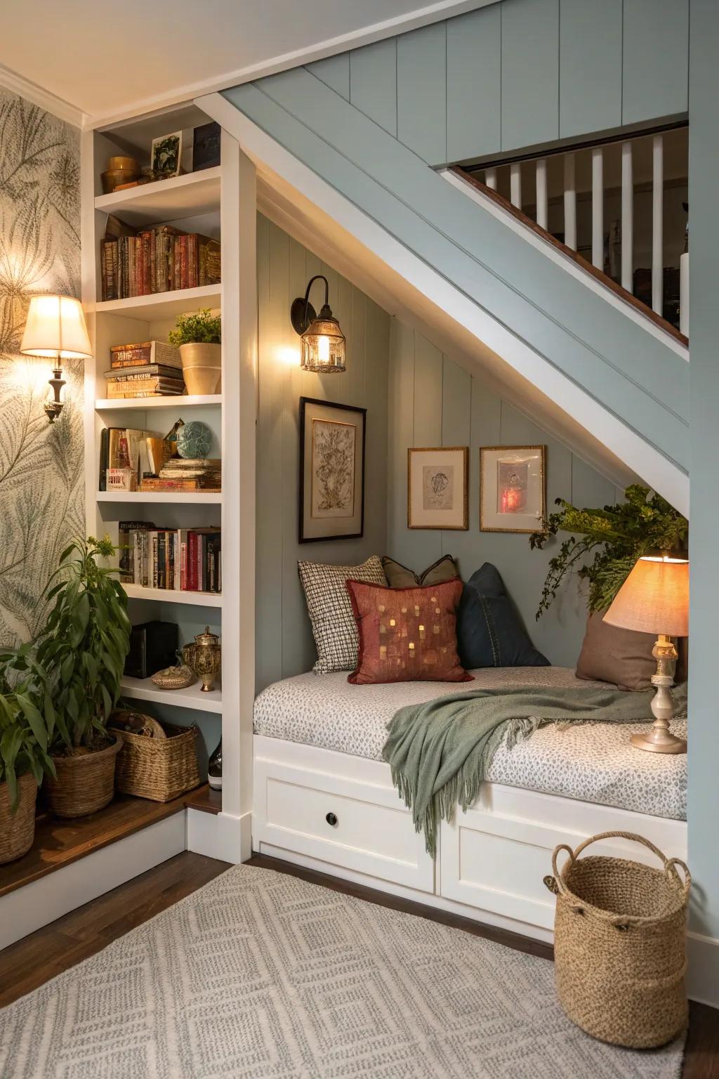 Comfortable getaway bed under the staircase