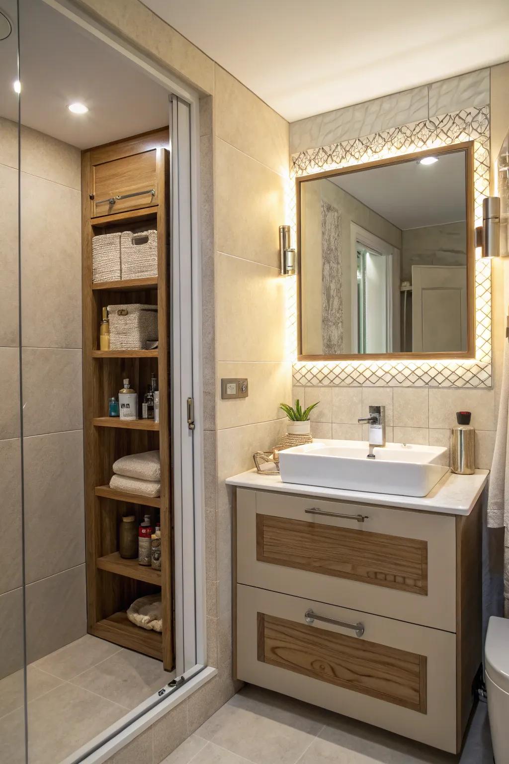 A side mirror providing concealed storage space in a bathroom.