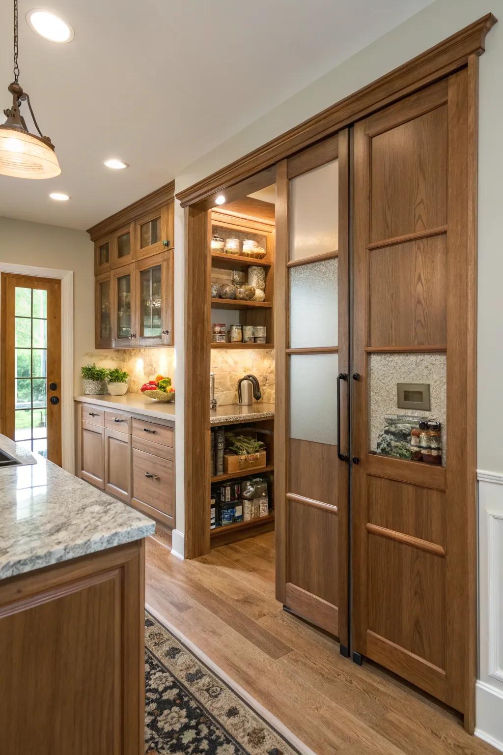 Sliding doors providing seamless access to a hidden pantry.