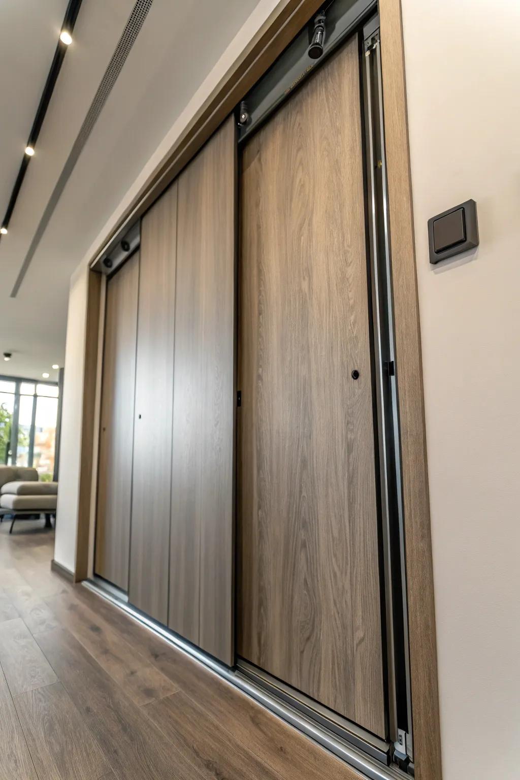 Cutting-edge track systems maintain the sleek and modern charm of sliding doors.