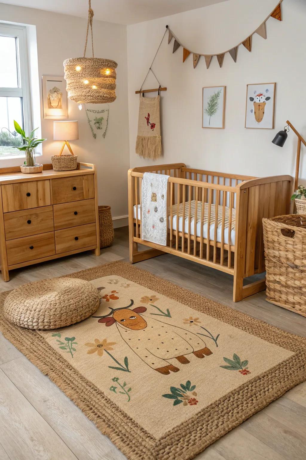 Unrefined fiber rugs bring heat and surface pattern into the nursery.