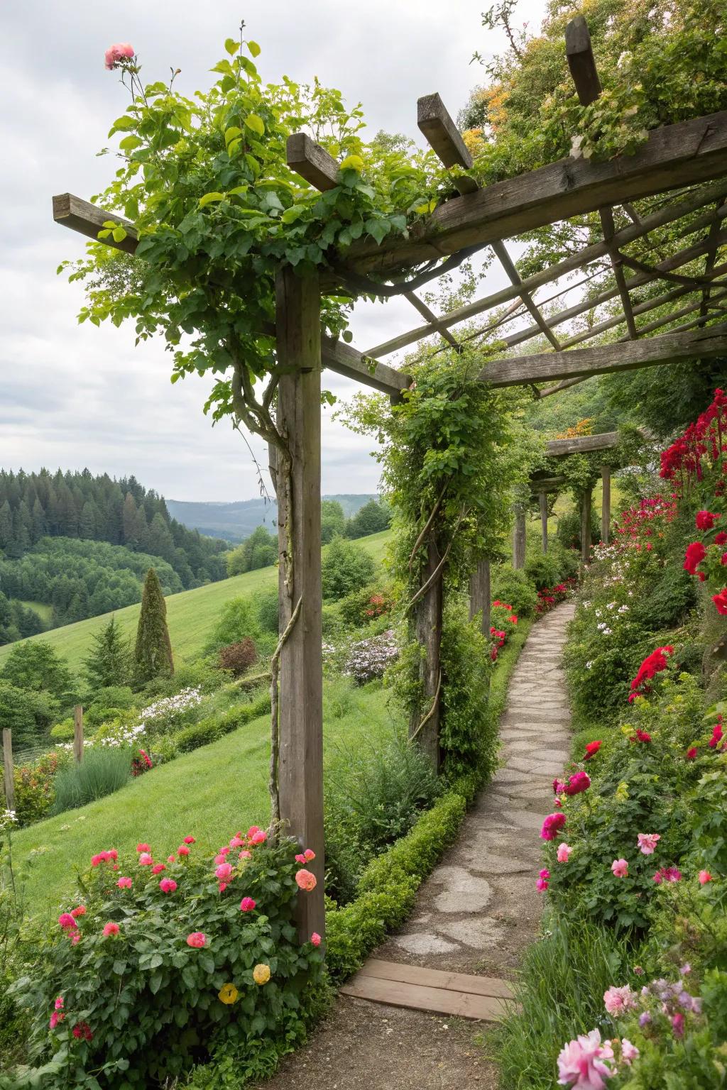Standing structures like climbing supports add height and intrigue to a hillside garden.