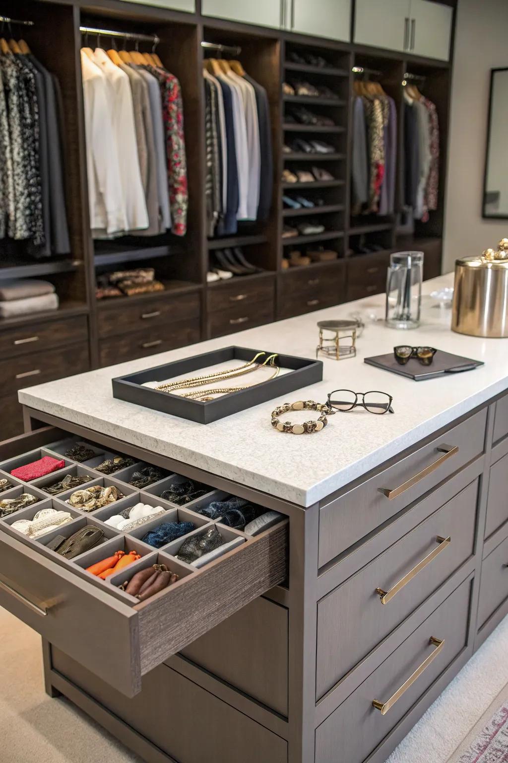 A central island enhances the functionality and aesthetic of a shared closet.