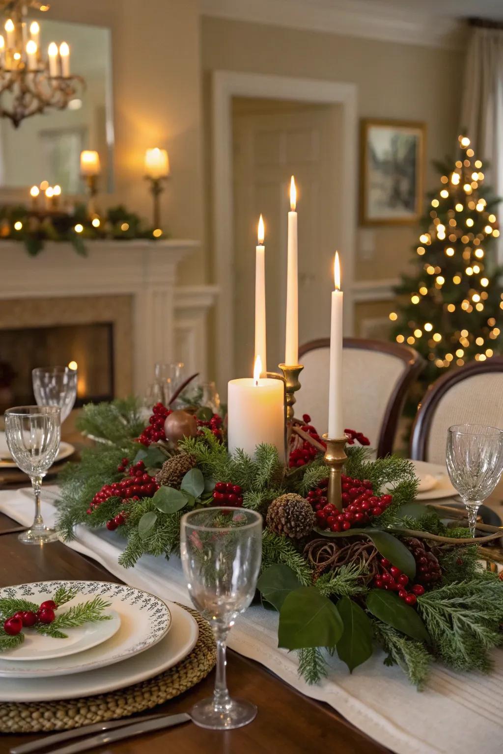 A festive dining table arranged with candles and seasonal accents.