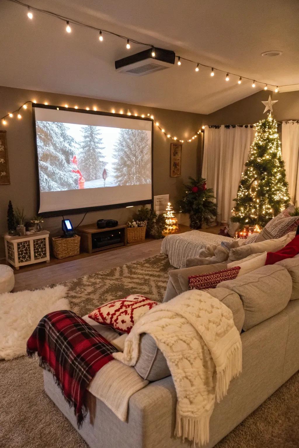 Enjoy a comfortable Holiday Movie Night filled with cherished movies and treats.