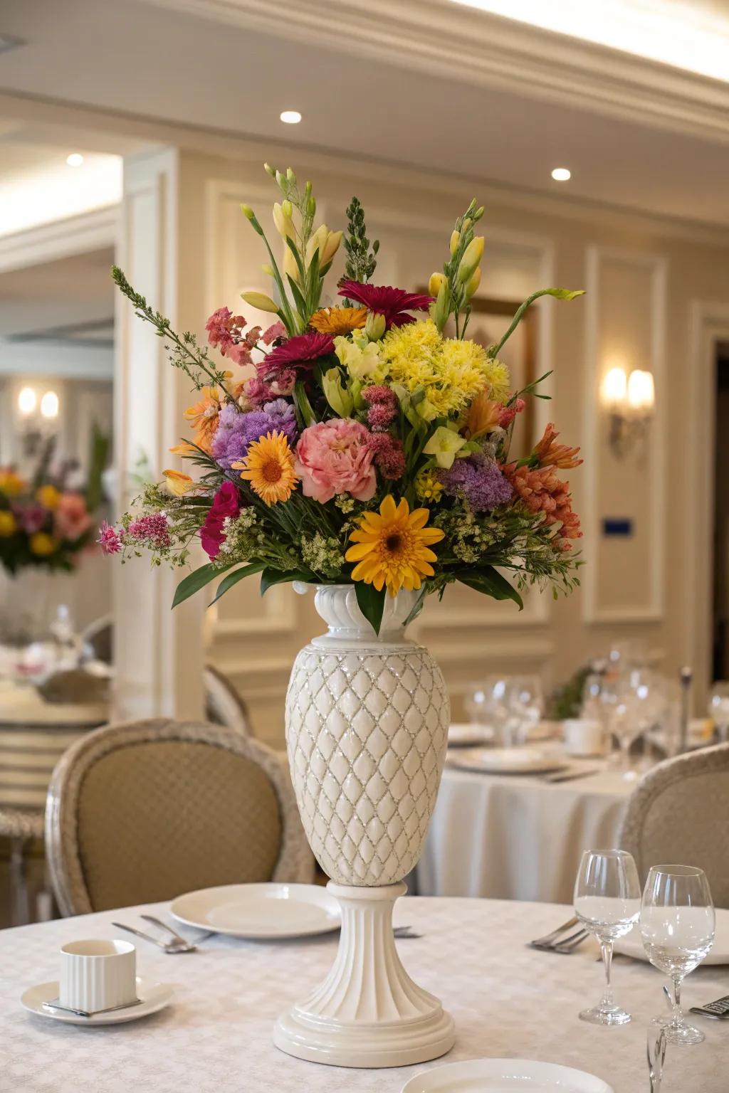 A sophisticated vase filled with vibrant flowers, bringing a burst of color to the dining area.