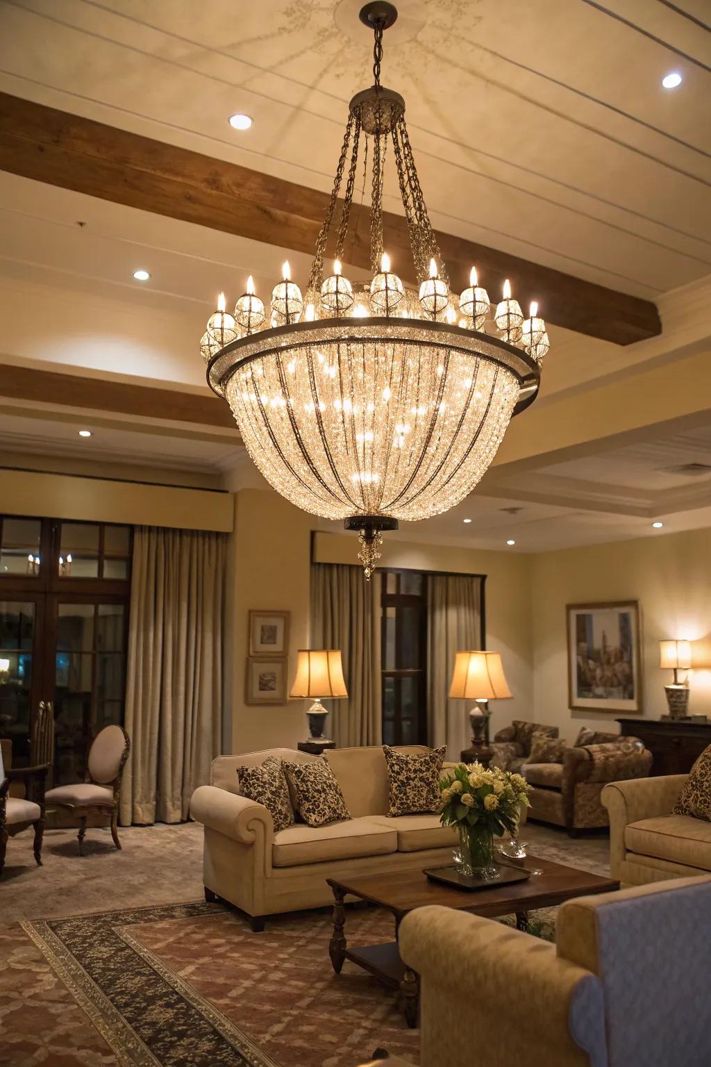 A living room enriched by a statement chandelier.