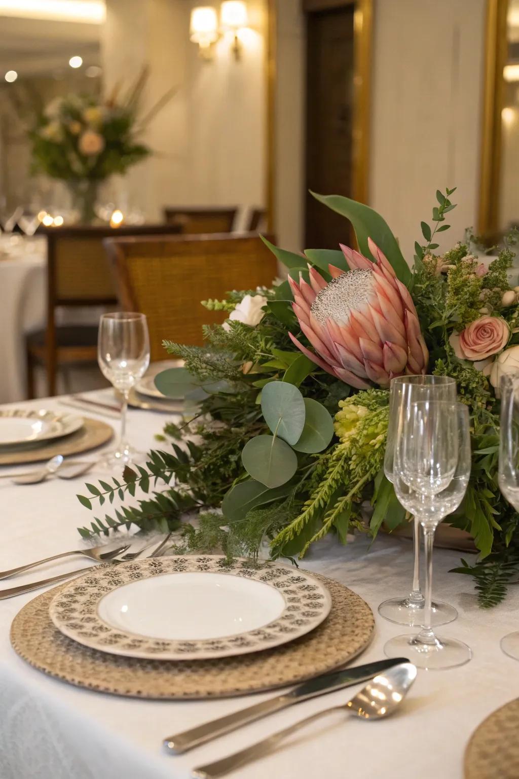 A blend of blossoms and greenery creates a stunning table centerpiece.