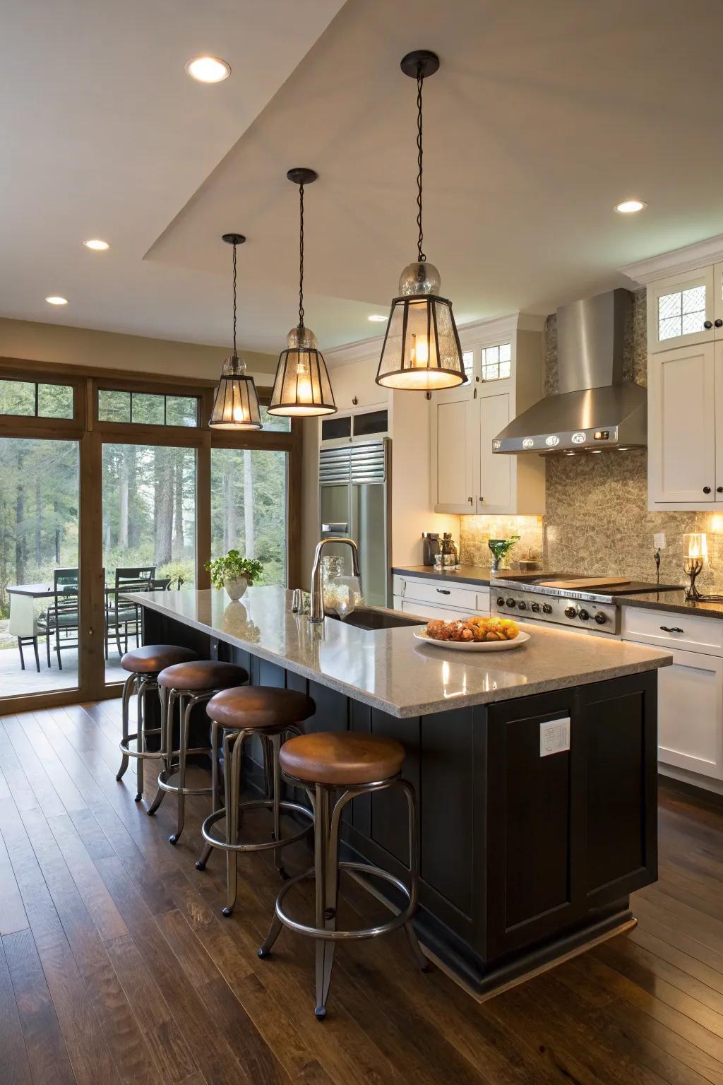 Hanging lights improve kitchen islands.