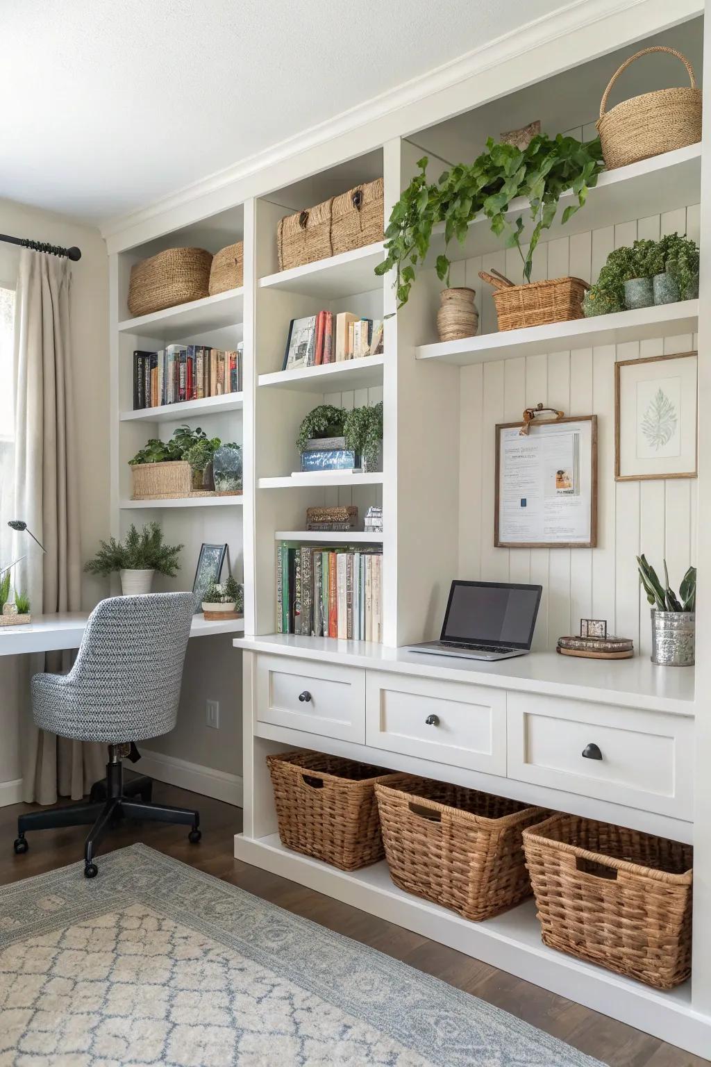 Smart storage solutions keep your workspace organized and stylish.
