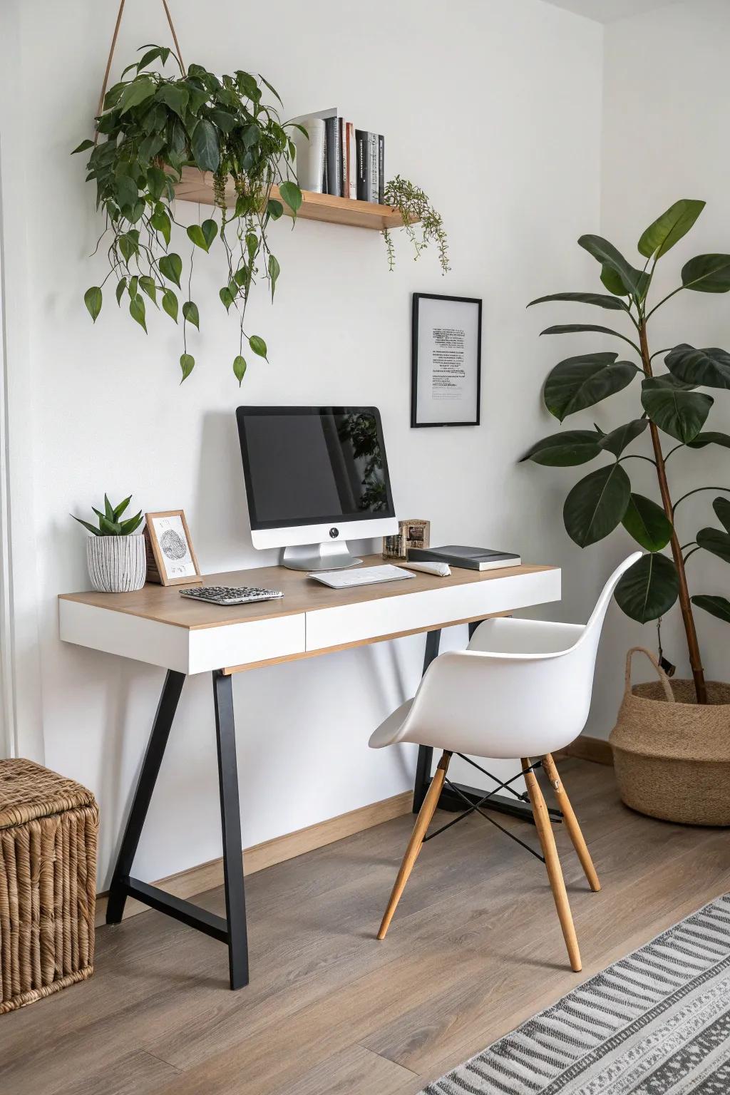 A floating desk adds elegance and openness to a home office.