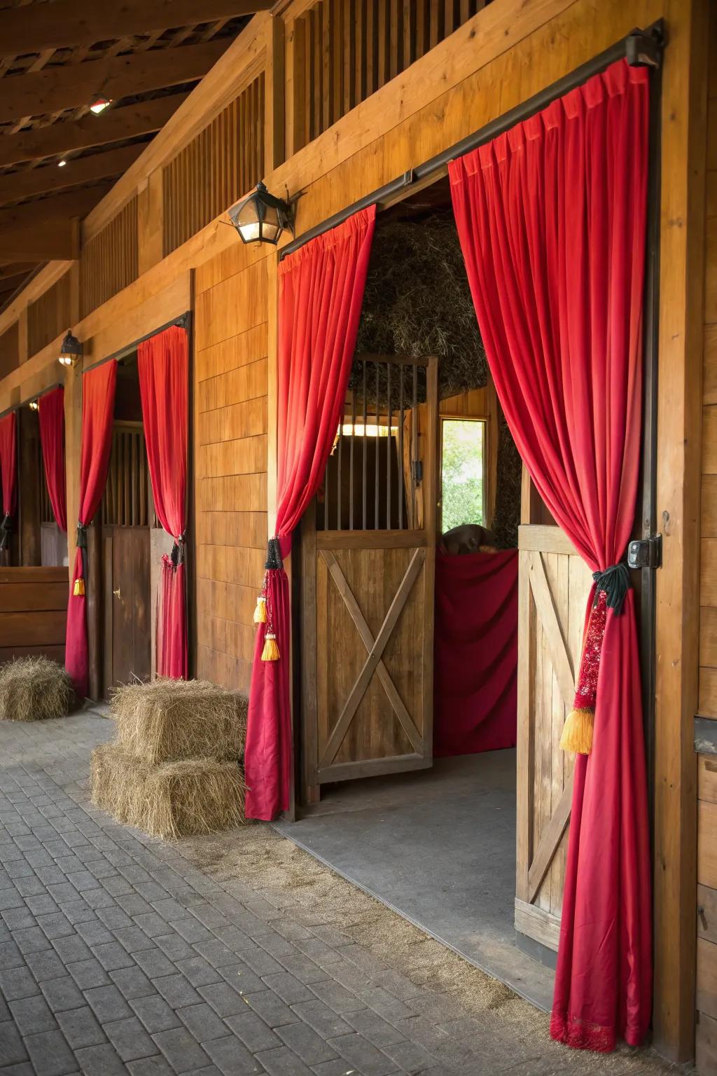 Vibrant drapes offer both style and privacy to horse stalls.