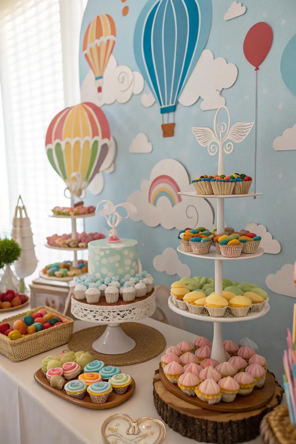 A sky-inspired dessert arrangement featuring cloud-like delicacies.