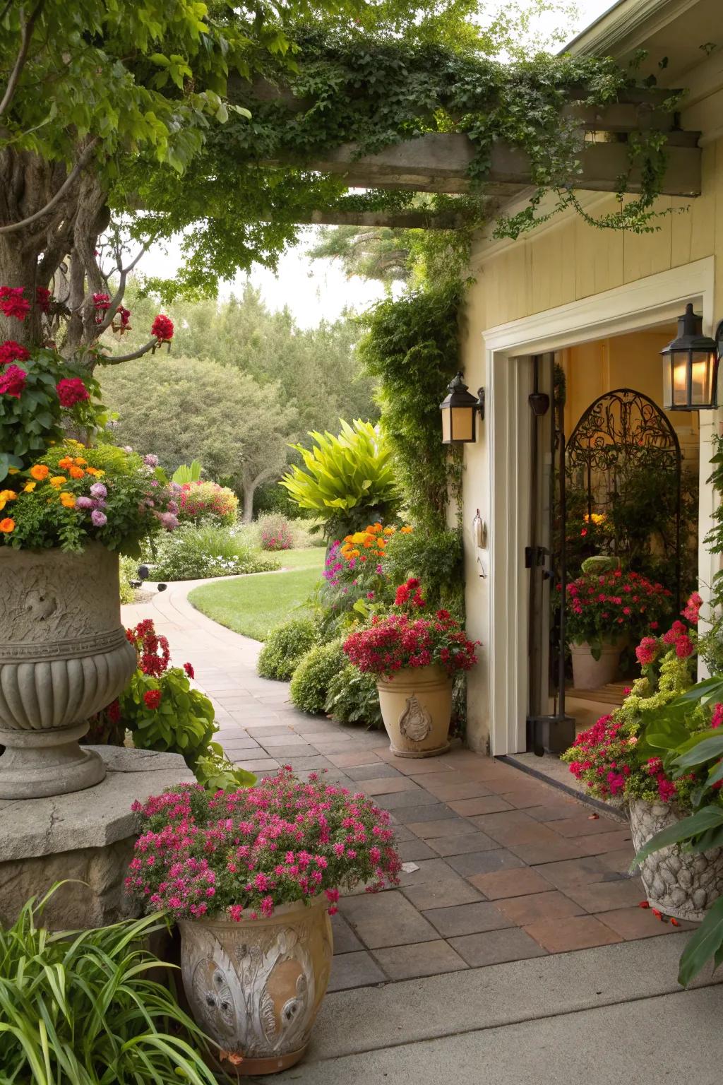 Potted plants bringing vitality and hues to your entryway.
