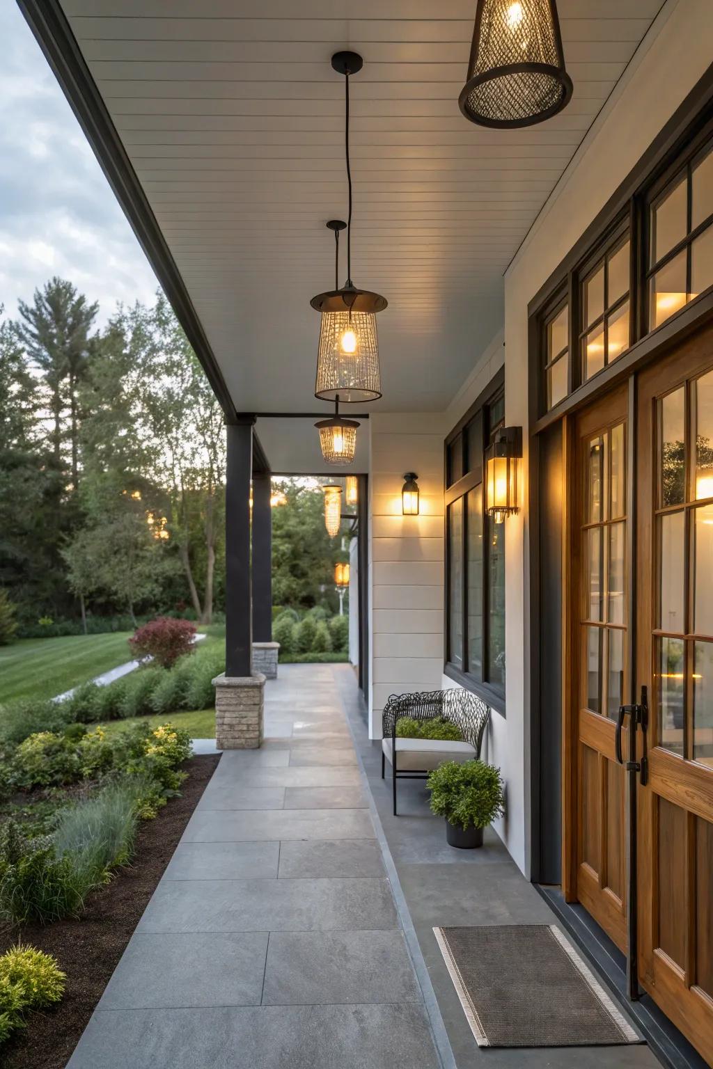 Gentle lighting creates an inviting environment on this modern porch.