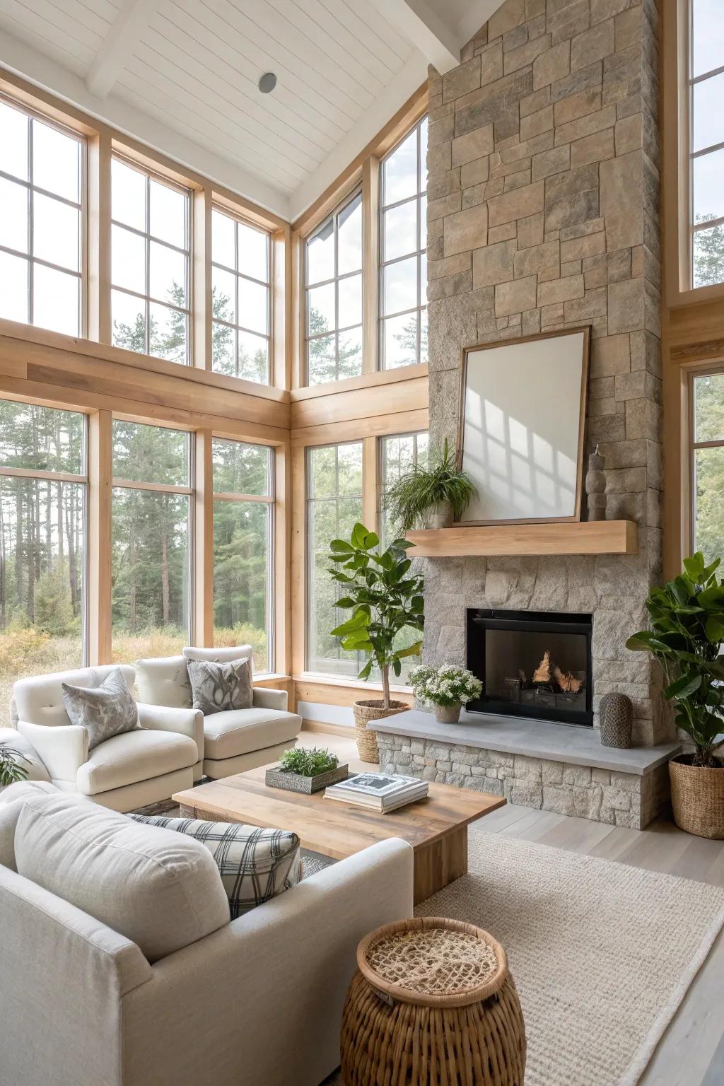 Fill your relaxation room with life using generous windows and a stylish hearth.