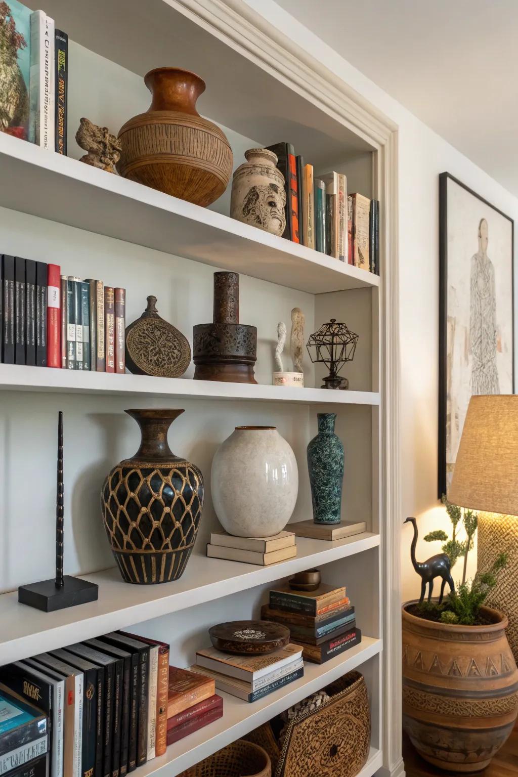 Bookshelf presenting ornamental accents.