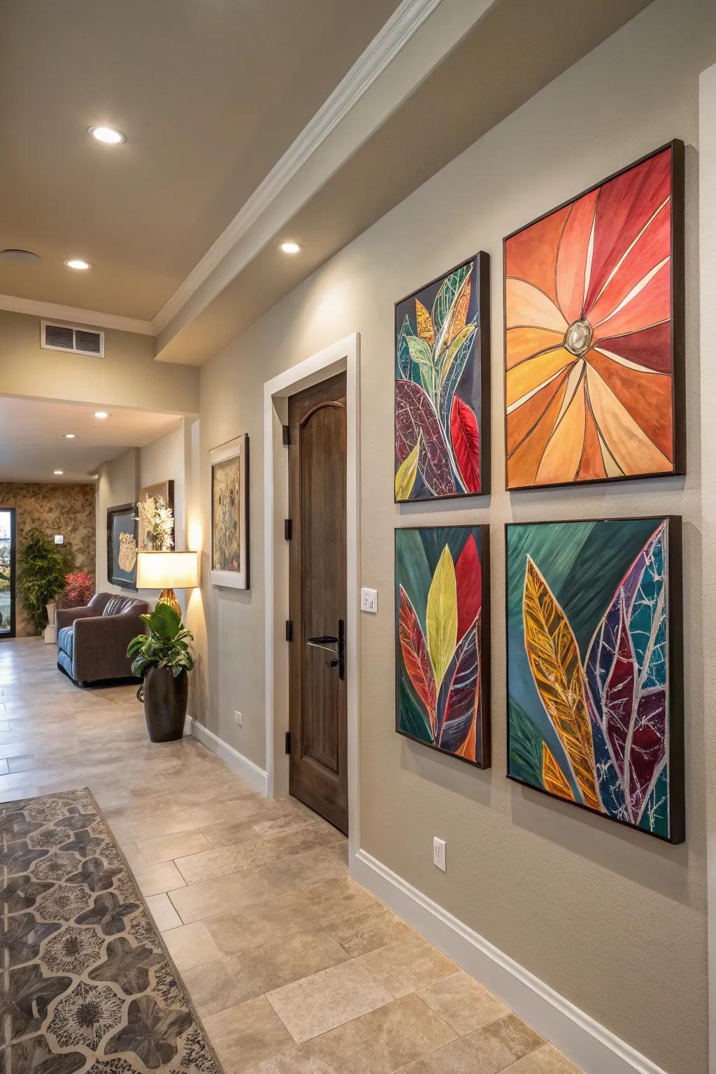 Striking artistic creations add individuality and serve as a center point in the entrance.