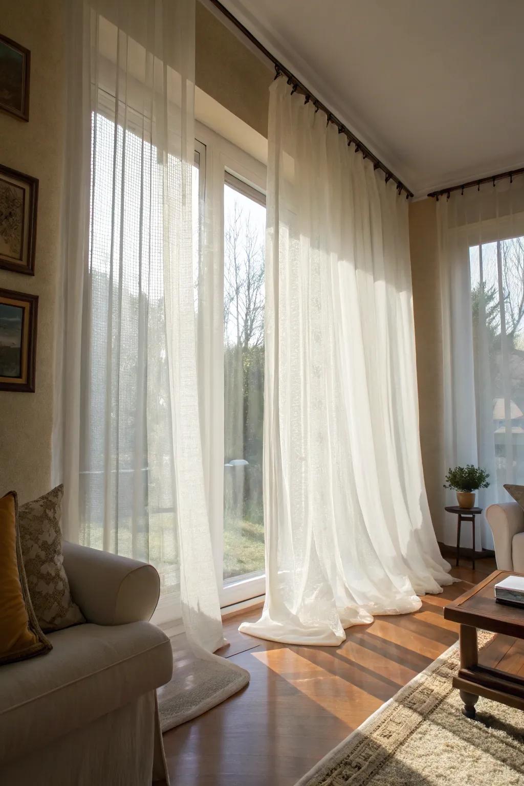 Sheer curtains permit natural light, fostering a breezy setting.
