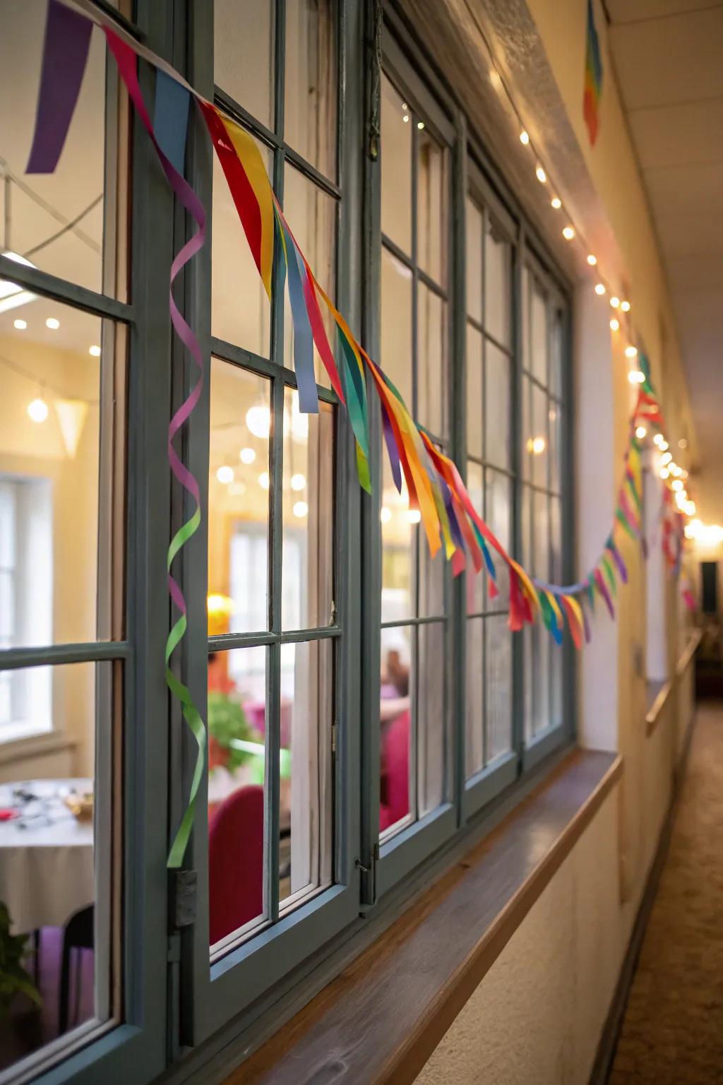 Accentuate windows using a colorful paper strip wreath.