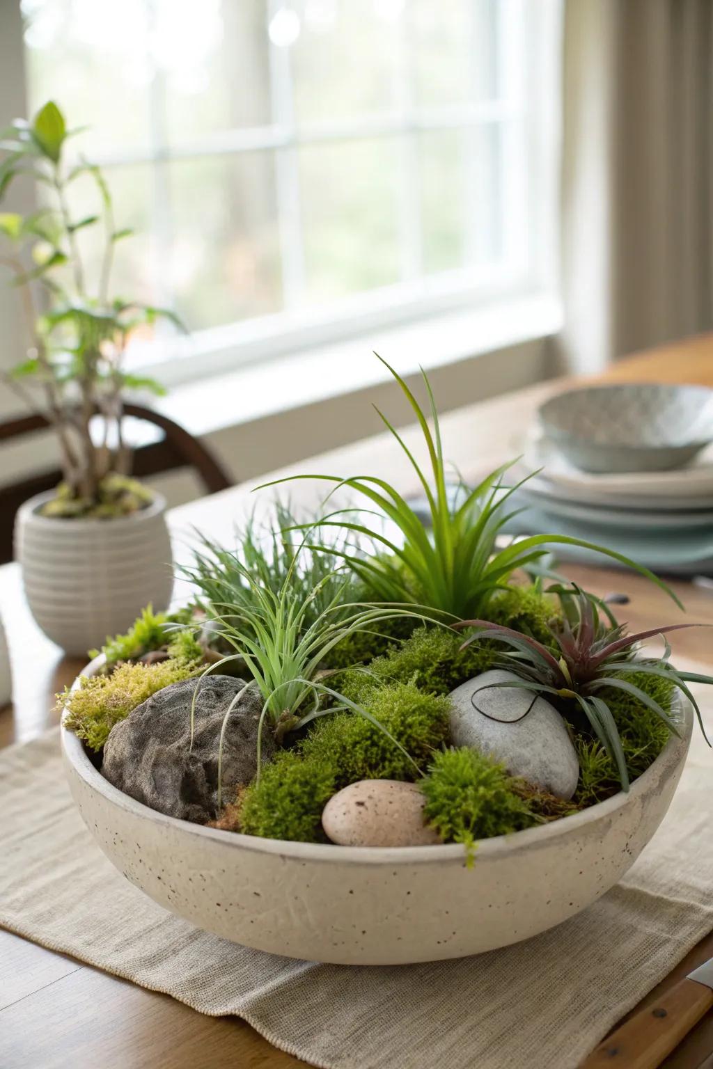 Air plants in a ceramic bowl serve as an attractive centerpiece.